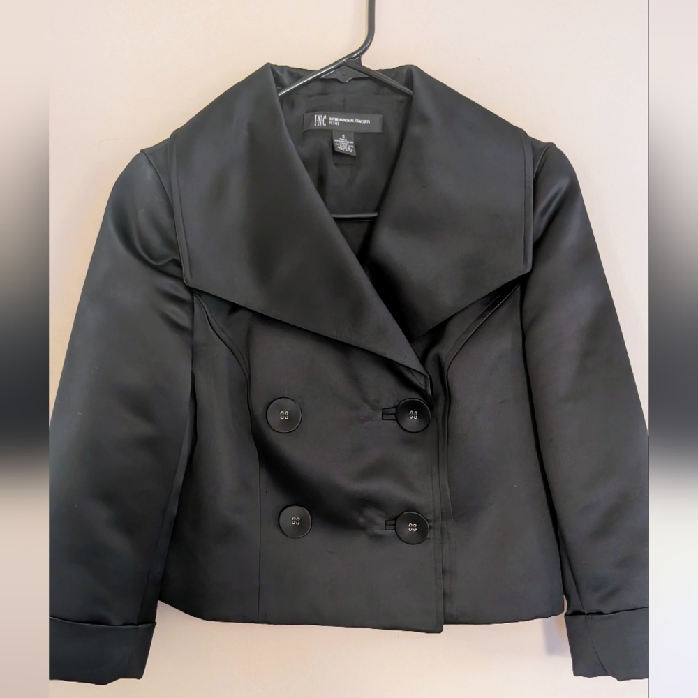 INC International Concepts Elegant Black Satin Blazer, Petite Small